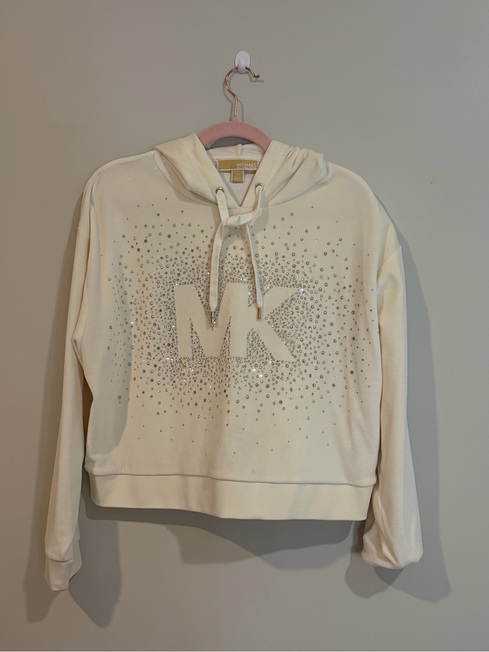 Michael Kors Cream Crystal MK Logo Drawstring Hoodie
